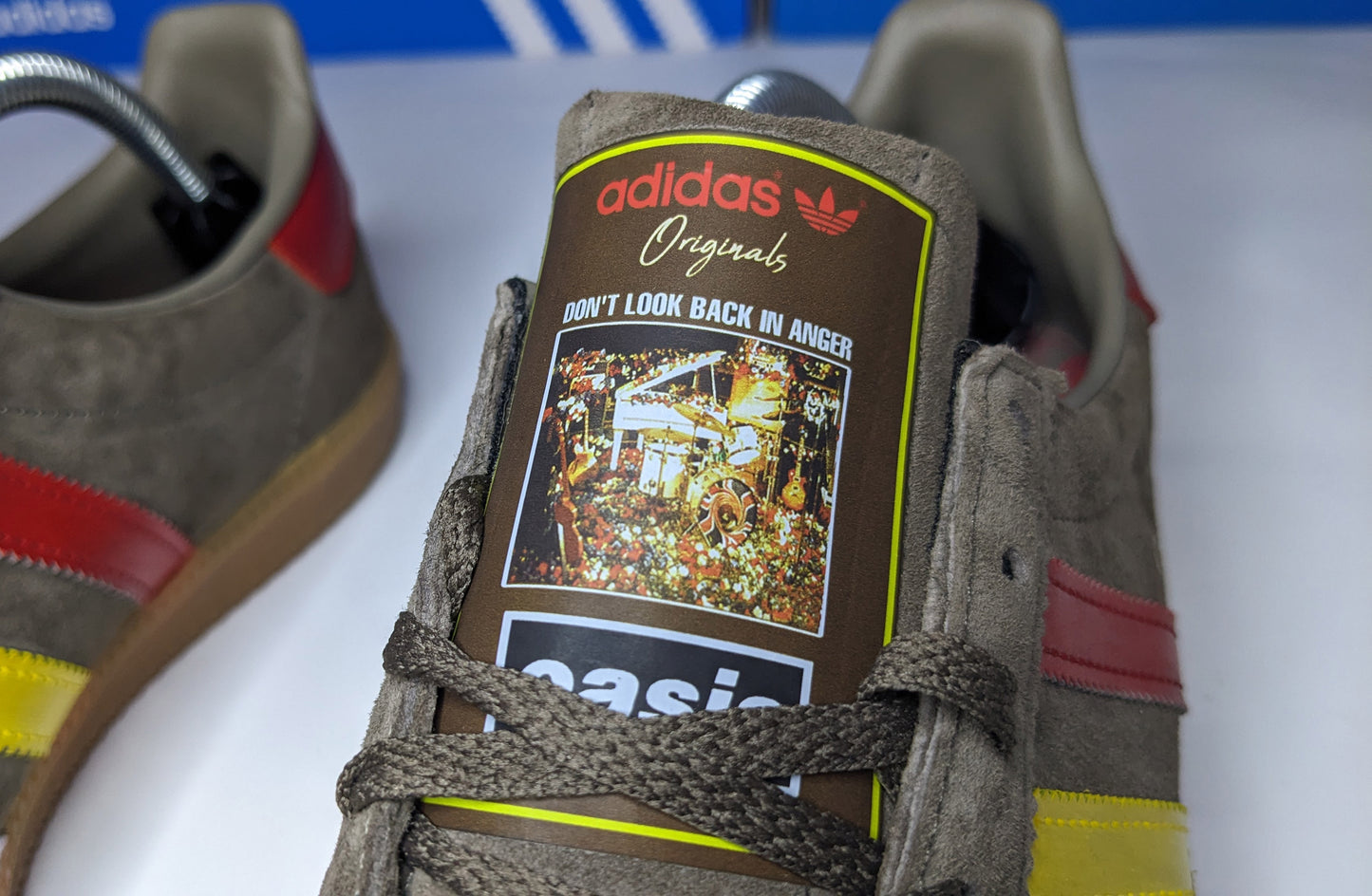 Limited edition Oasis Don`t look back in anger video inspired brown / red / yellow / white Adidas custom Originals trainers / sneakers