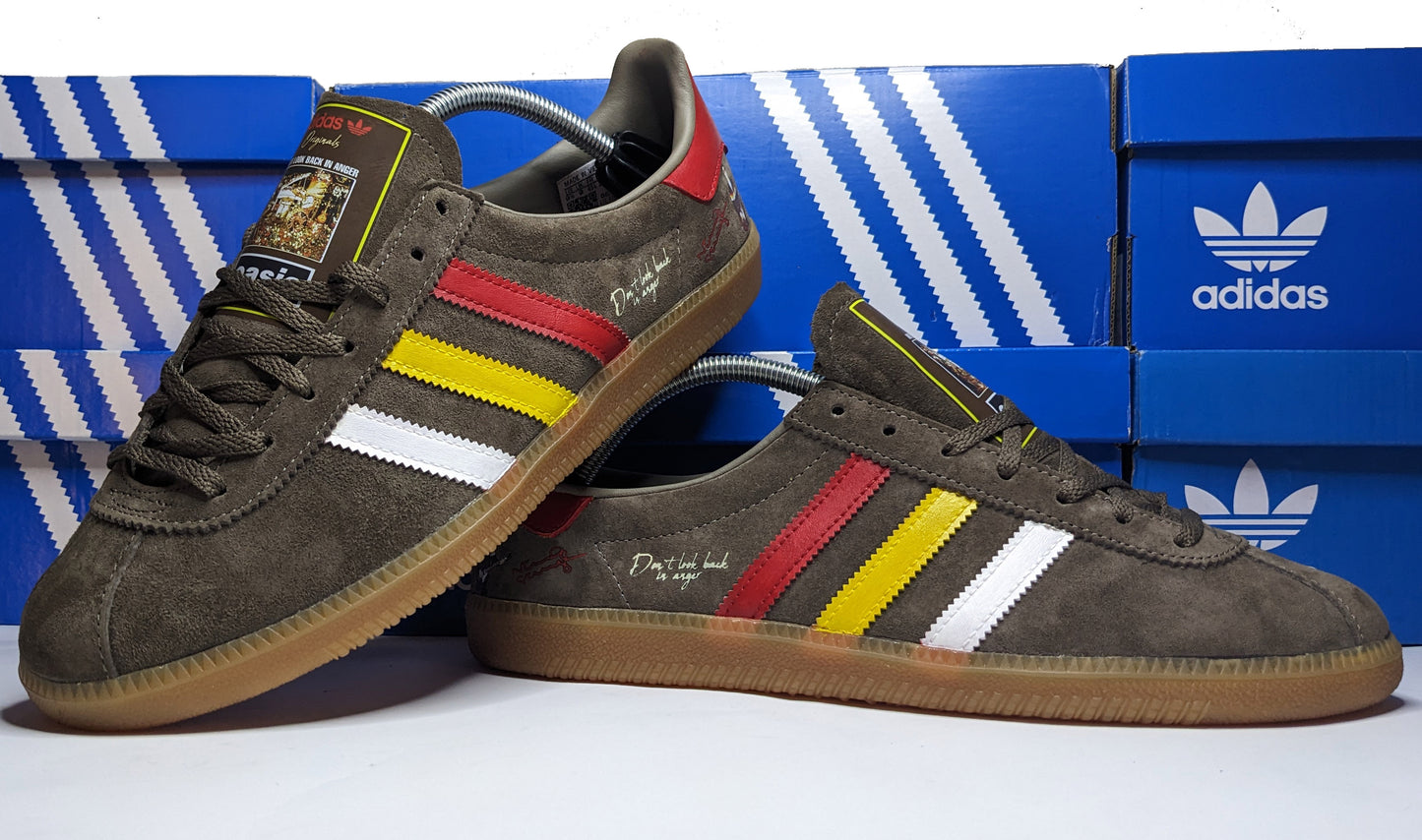 Limited edition Oasis Don`t look back in anger video inspired brown / red / yellow / white Adidas custom Originals trainers / sneakers