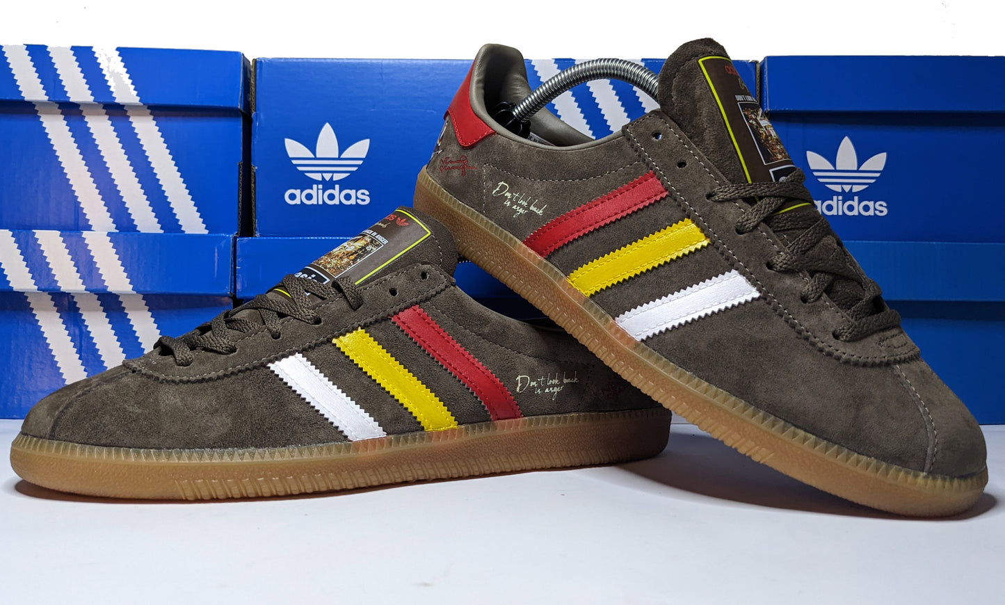 Limited edition Oasis Don`t look back in anger video inspired brown / red / yellow / white Adidas custom Originals trainers / sneakers