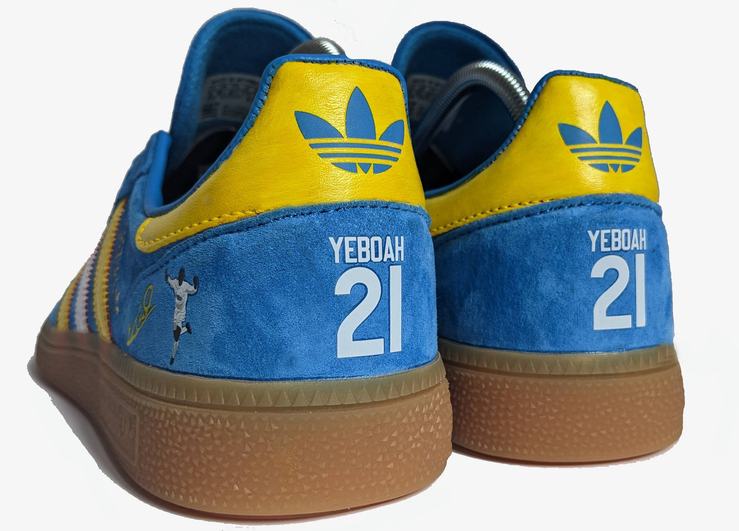 Limited edition Leeds United FC retro Tony Yeboah inspired blue /yellow Adidas custom Handball Spezial trainers / sneakers