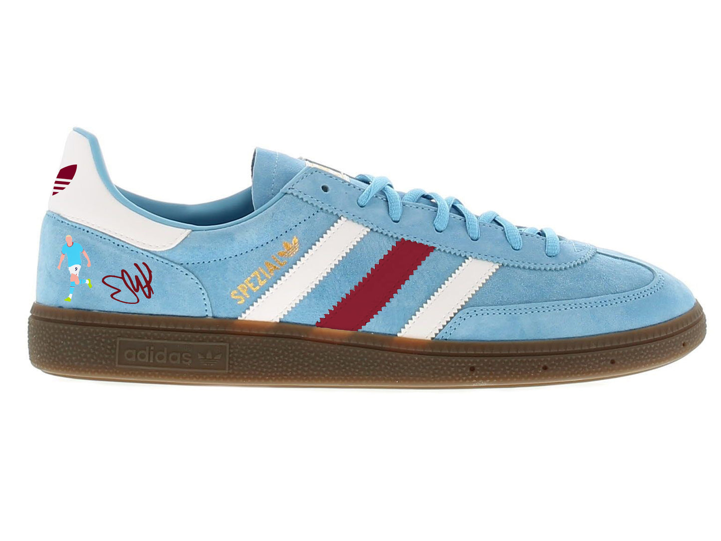 Limited edition Manchester City Erling Haaland inspired blue/ white / burgundy Adidas custom Handball Spezial trainers / sneakers