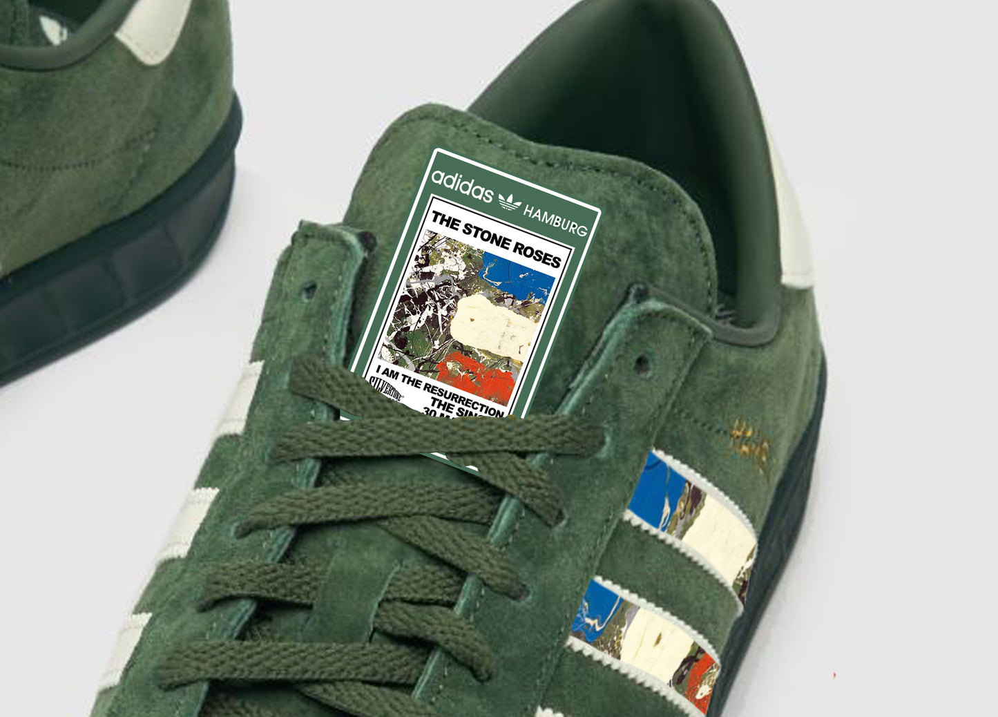 Limited edition The Stone Roses I am the resurrection adidas originals Dark Green / white Hamburg custom trainers / sneakers