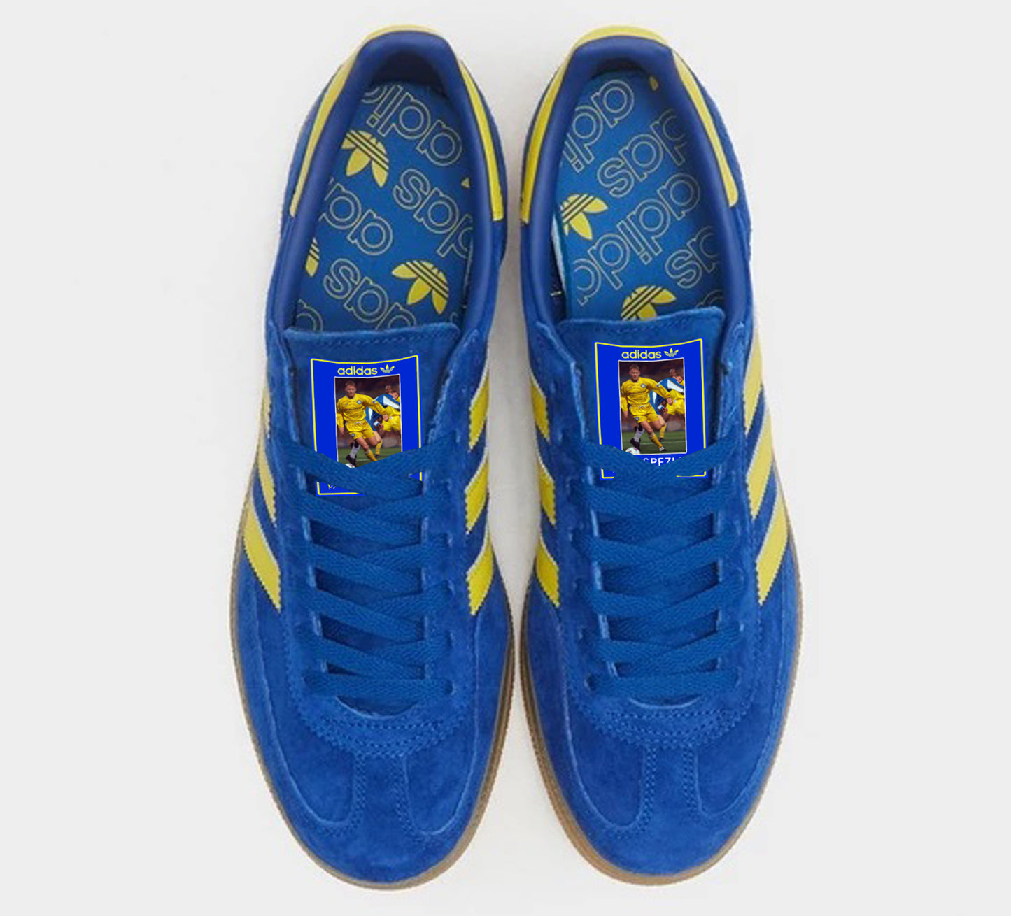 Limited edition Leeds utd FC retro David Batty inspired blue / yellow suede adidas handball spezial trainers