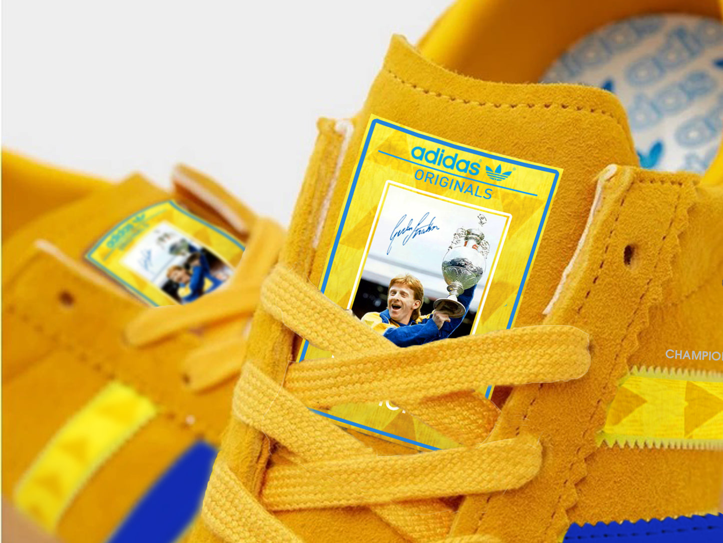 Limited edition Leeds Utd FC retro Gordon Strachan yellow / blue Adidas custom Sunshine trainers / sneakers