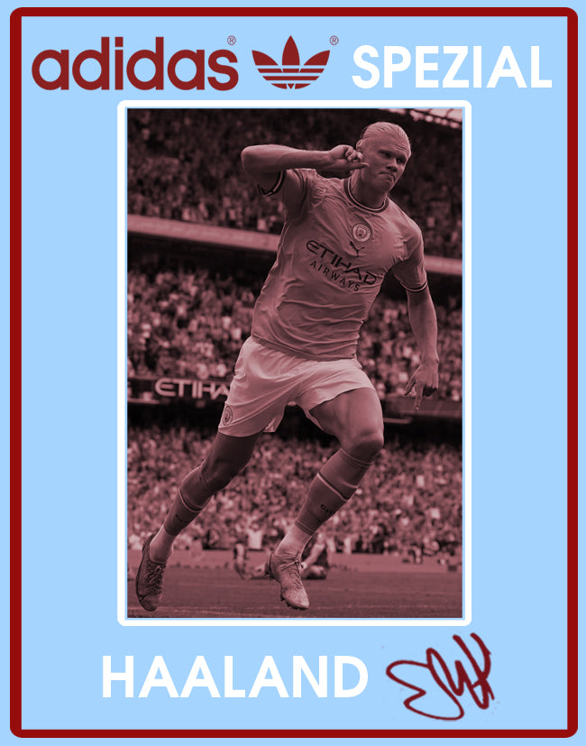 Limited edition Manchester City Erling Haaland inspired blue/ white / burgundy Adidas custom Handball Spezial trainers / sneakers