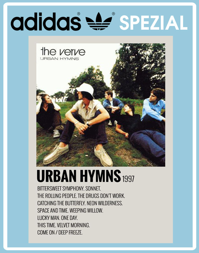 Limited edition The Verve, Urban Hymns inspired navy blue /sky blue Adidas custom Handball Spezial trainers / sneakers