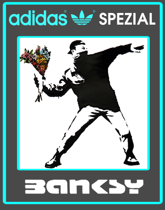 Limited edition Banksy Flower Thrower black/ white/ turquoise Adidas custom Handball Spezial trainers / sneakers