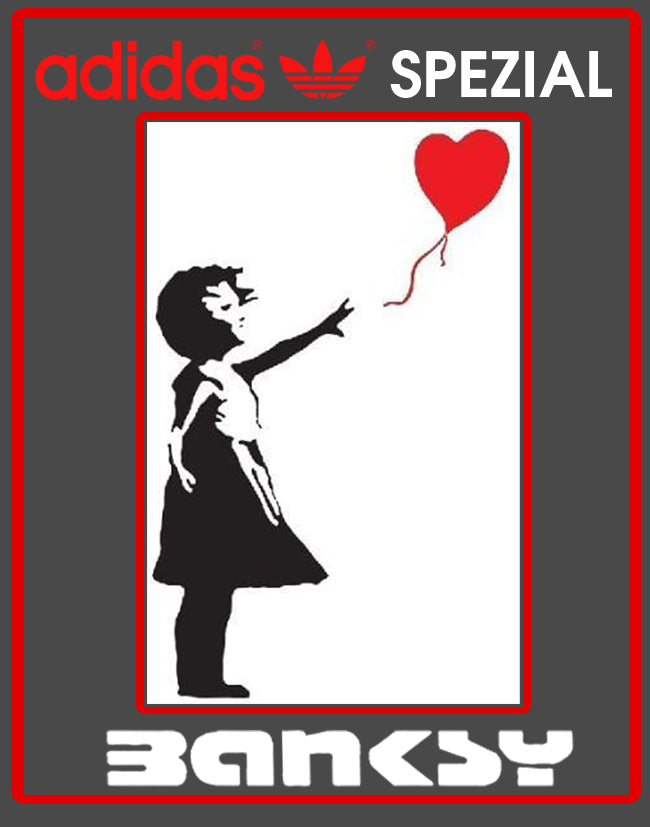 Limited edition Banksy Balloon Girl black/ white/ red Adidas custom Handball Spezial trainers / sneakers