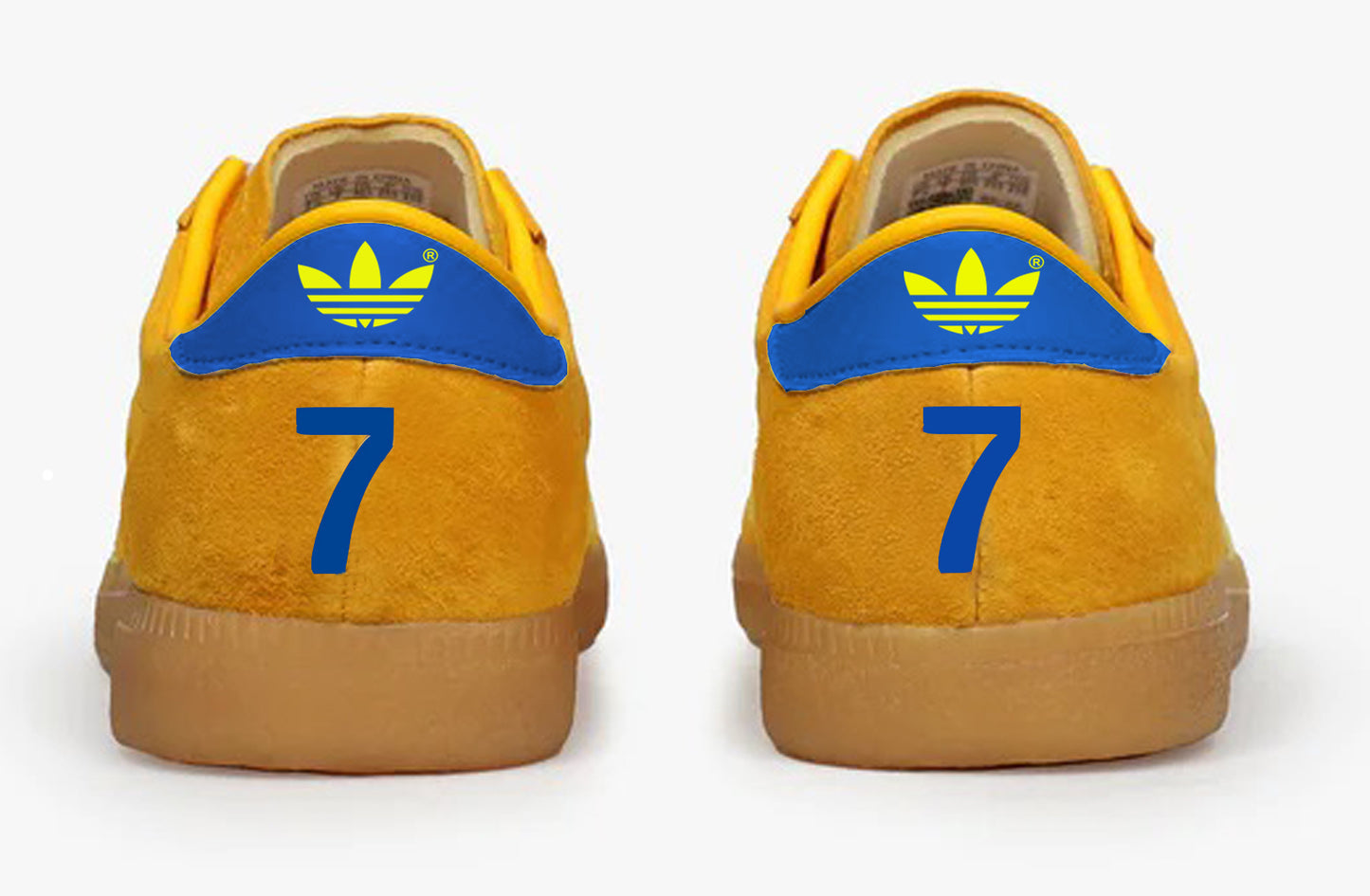 Limited edition Leeds Utd FC retro Gordon Strachan yellow / blue Adidas custom Sunshine trainers / sneakers