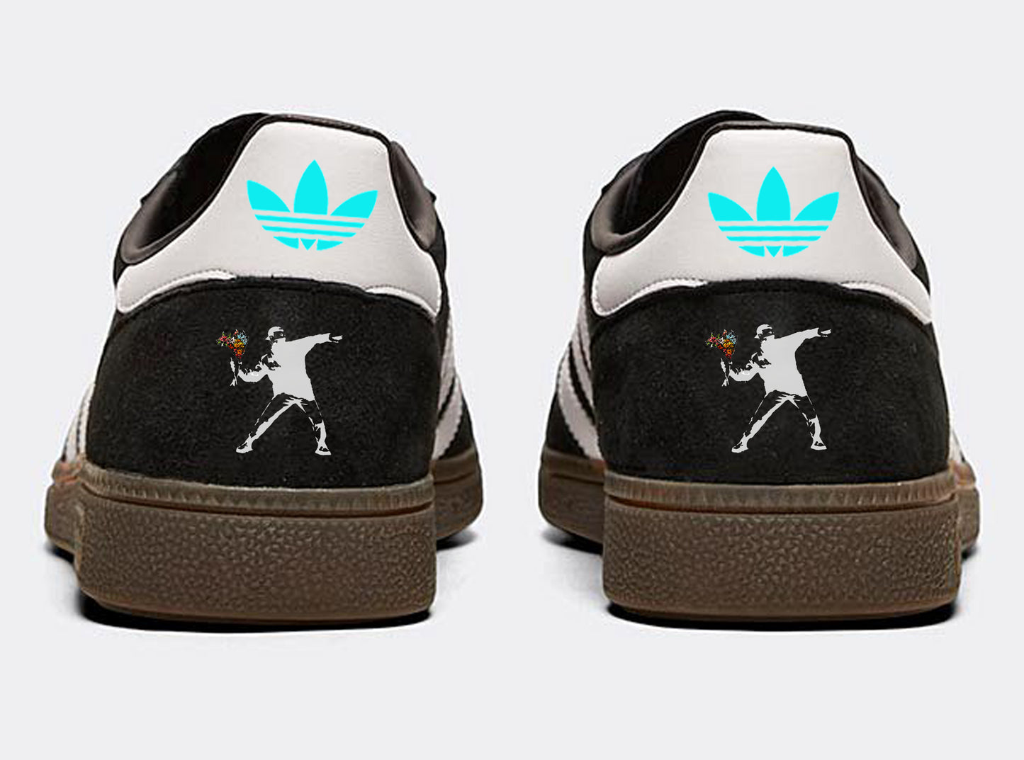 Limited edition Banksy Flower Thrower black/ white/ turquoise Adidas custom Handball Spezial trainers / sneakers