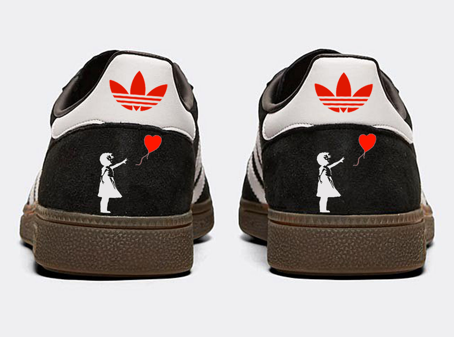 Limited edition Banksy Balloon Girl black/ white/ red Adidas custom Handball Spezial trainers / sneakers