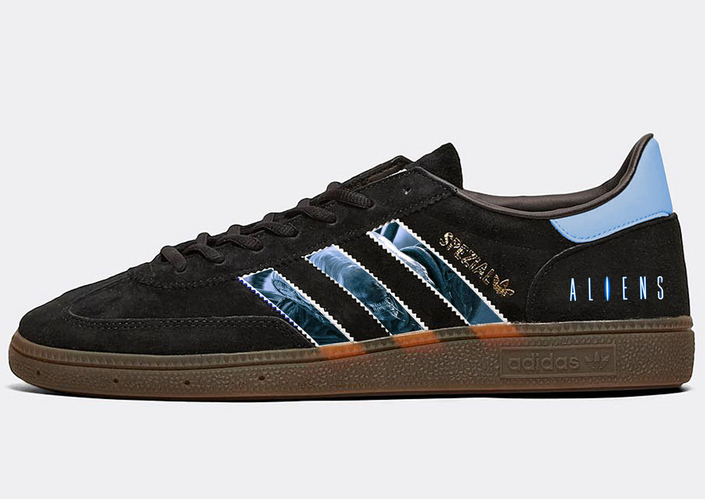 Limited edition Ridley Scotts Aliens inspired black / light blue Adidas Handball Spezial trainers / sneakers