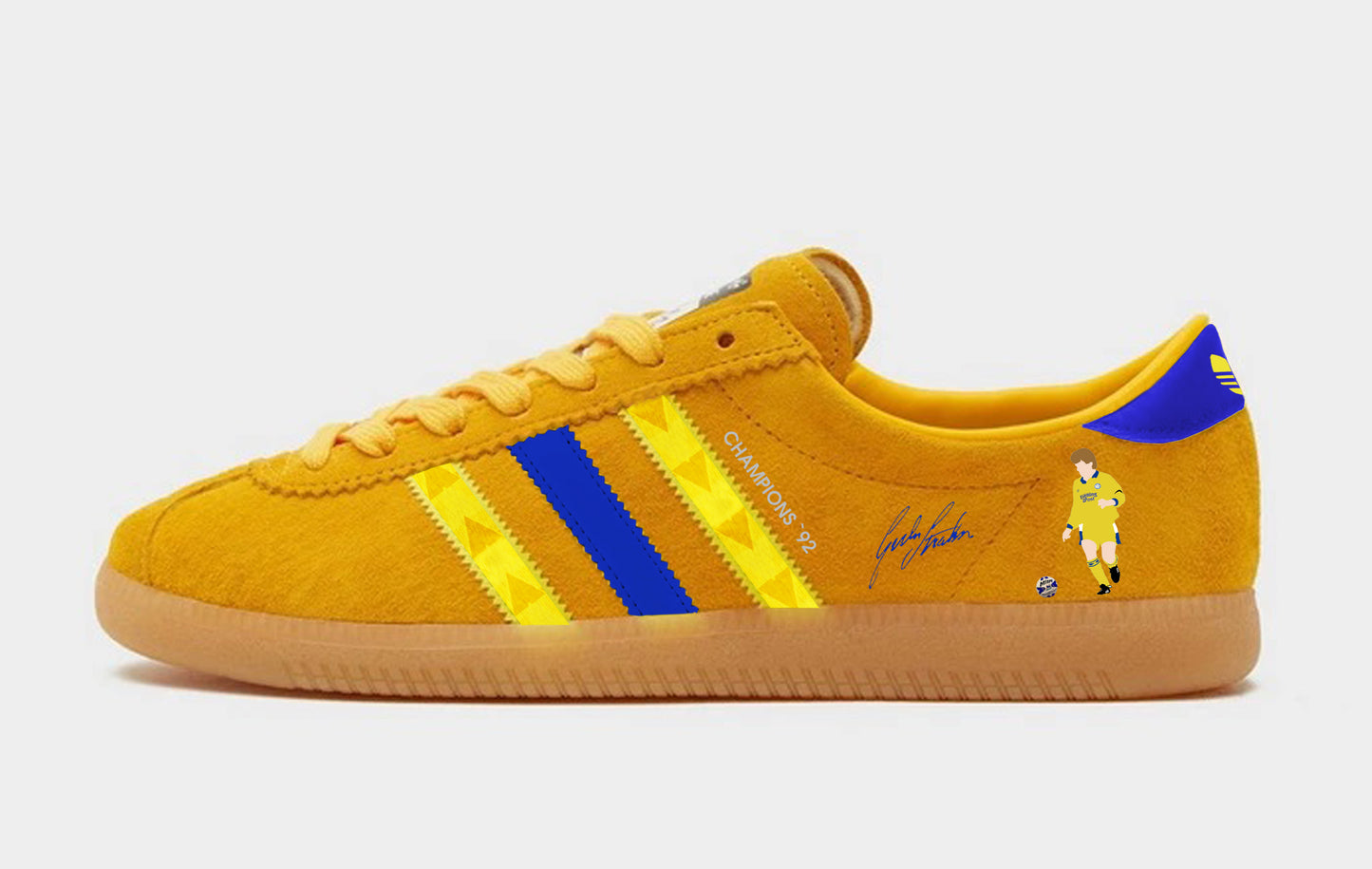 Limited edition Leeds Utd FC retro Gordon Strachan yellow / blue Adidas custom Sunshine trainers / sneakers