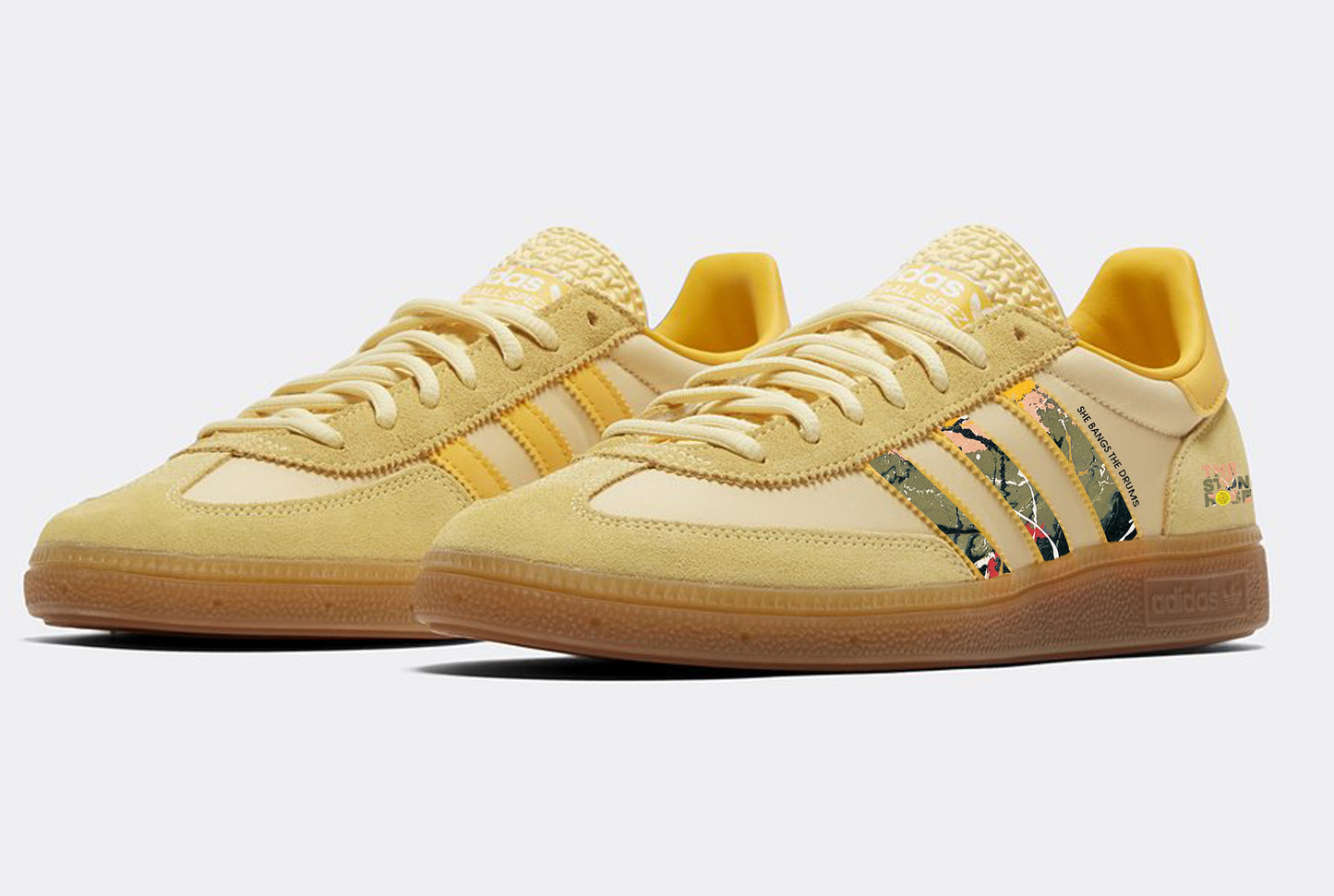 Limited edition The Stone Roses She bangs the drums custom adidas original yellow Handball Spezial trainers / sneakers.
