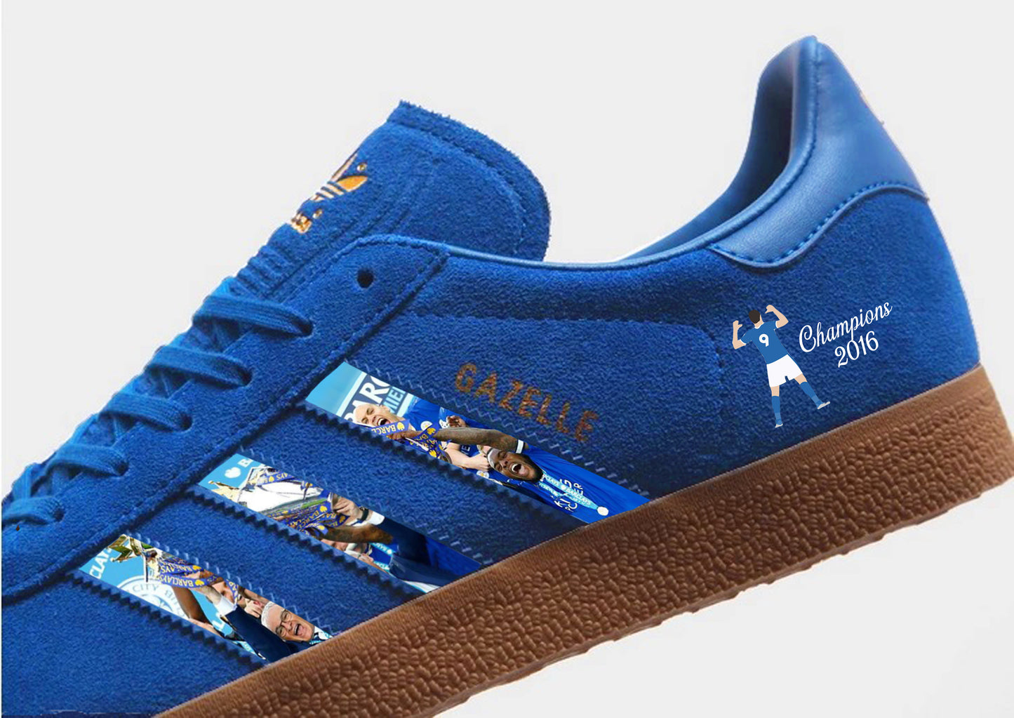 Limited edition Leicester City Champions 2016 inspired Blue / Gold Adidas custom Gazelle trainers / sneakers