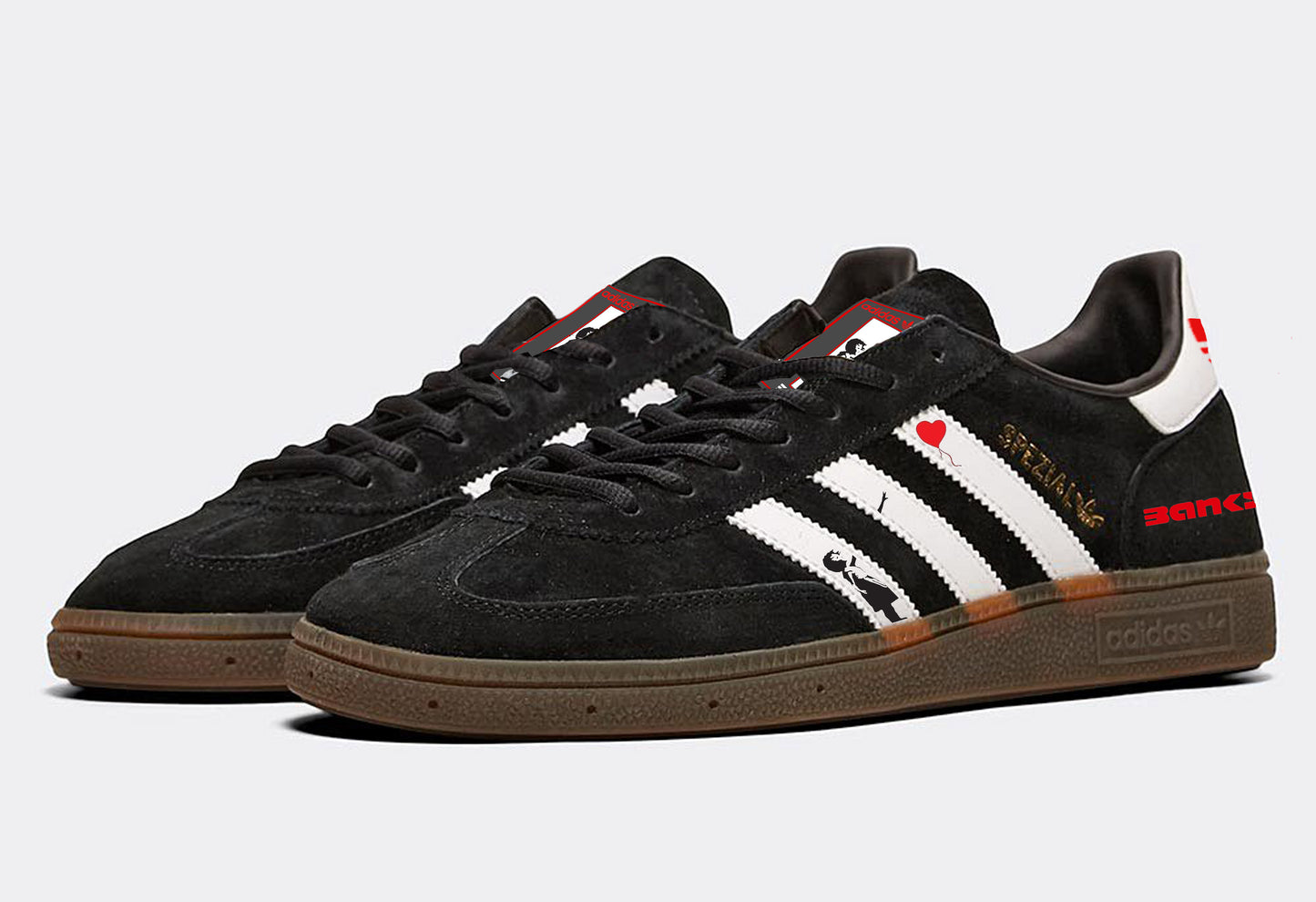 Limited edition Banksy Balloon Girl black/ white/ red Adidas custom Handball Spezial trainers / sneakers