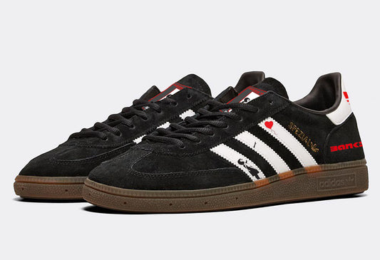Limited edition Banksy Balloon Girl black/ white/ red Adidas custom Handball Spezial trainers / sneakers