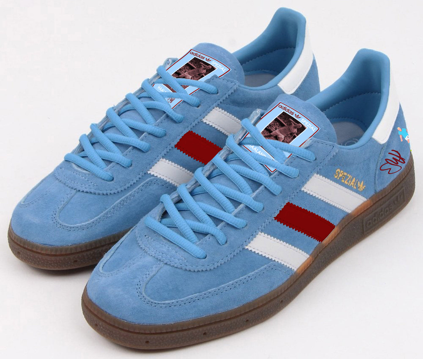 Limited edition Manchester City Erling Haaland inspired blue/ white / burgundy Adidas custom Handball Spezial trainers / sneakers