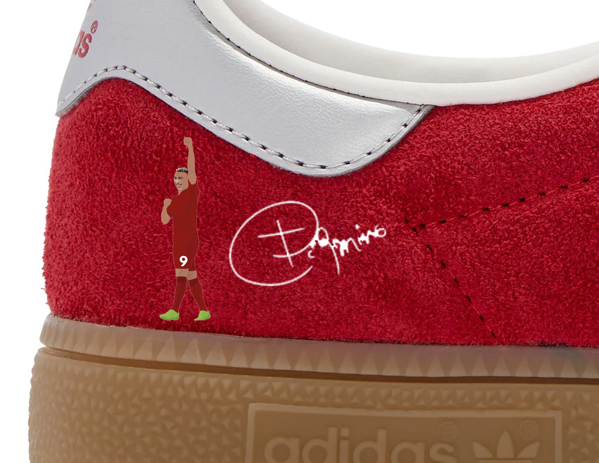 Limited edition Liverpool FC Roberto Firmino inspired red / white Adidas custom Munchen trainers / sneakers