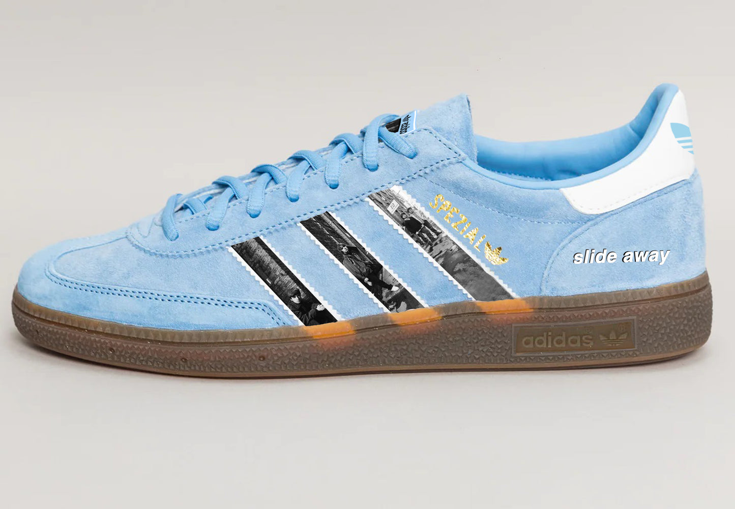 Limited edition Oasis Slide Away inspired blue /white Adidas custom Handball Spezial trainers / sneakers