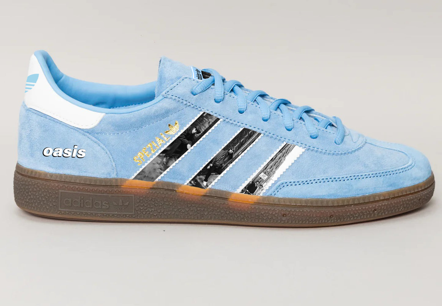 Limited edition Oasis Slide Away inspired blue /white Adidas custom Handball Spezial trainers / sneakers