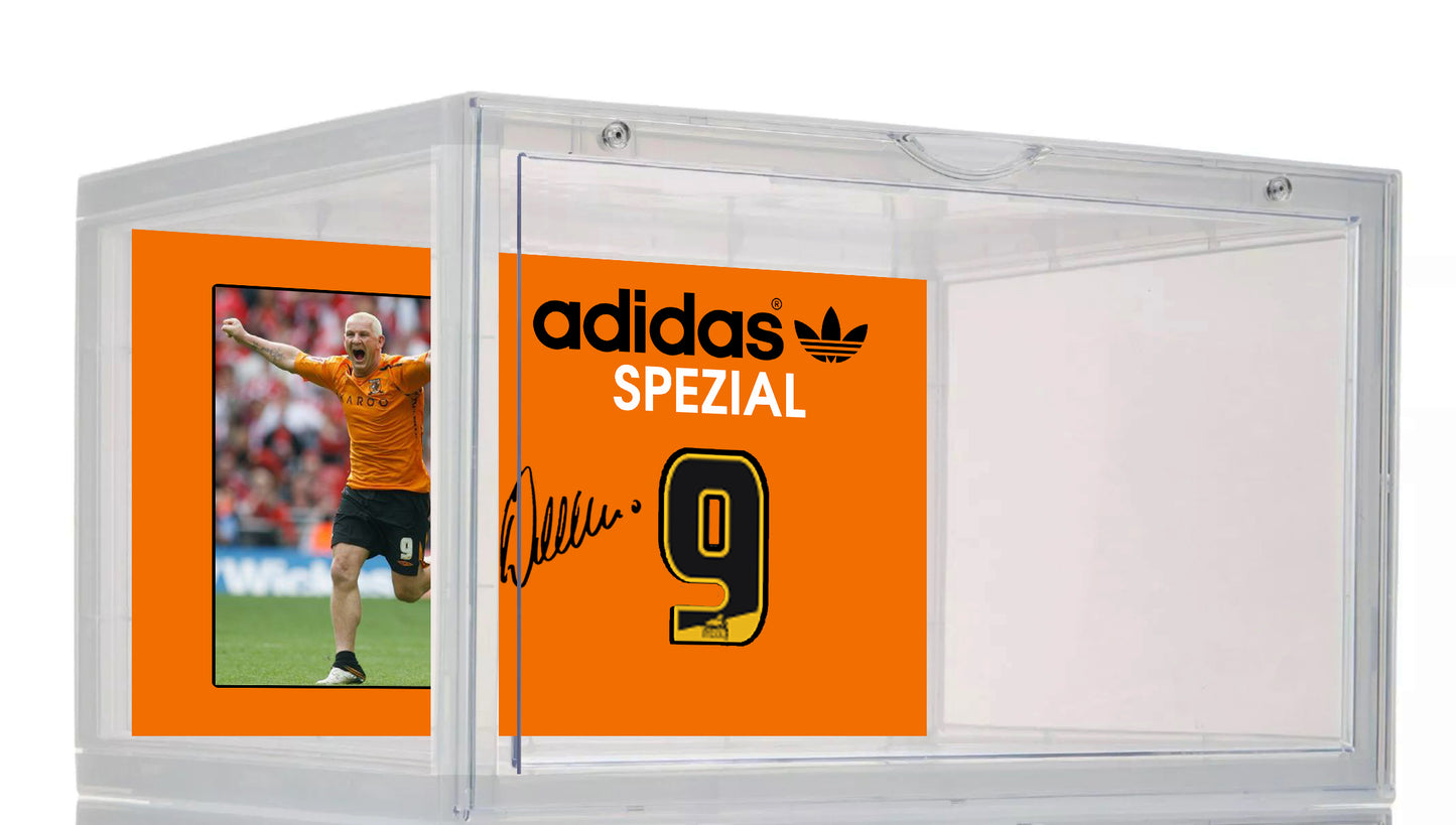 Limited edition Hull City FC Dean Windass inspired black / orange suede Adidas Handball Spezial trainers / sneakers