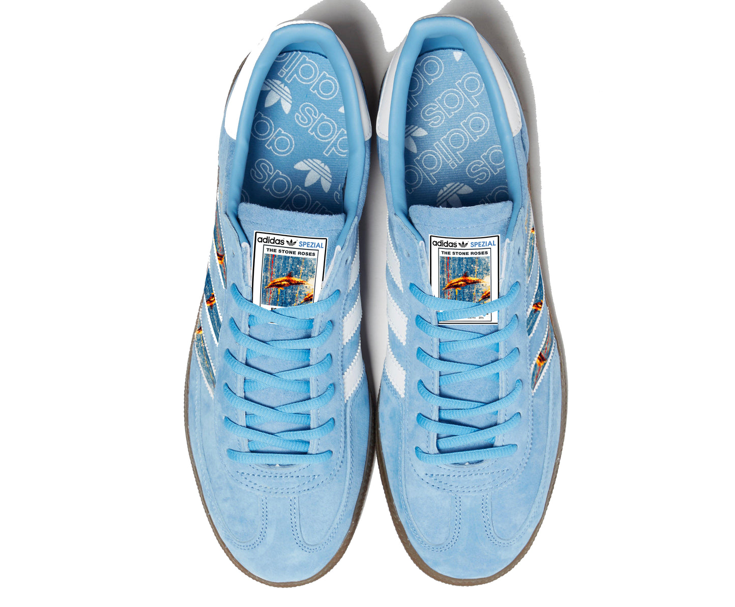 Limited edition The Stone Roses Fools gold light blue / white Adidas custom Handball Spezial trainers / sneakers