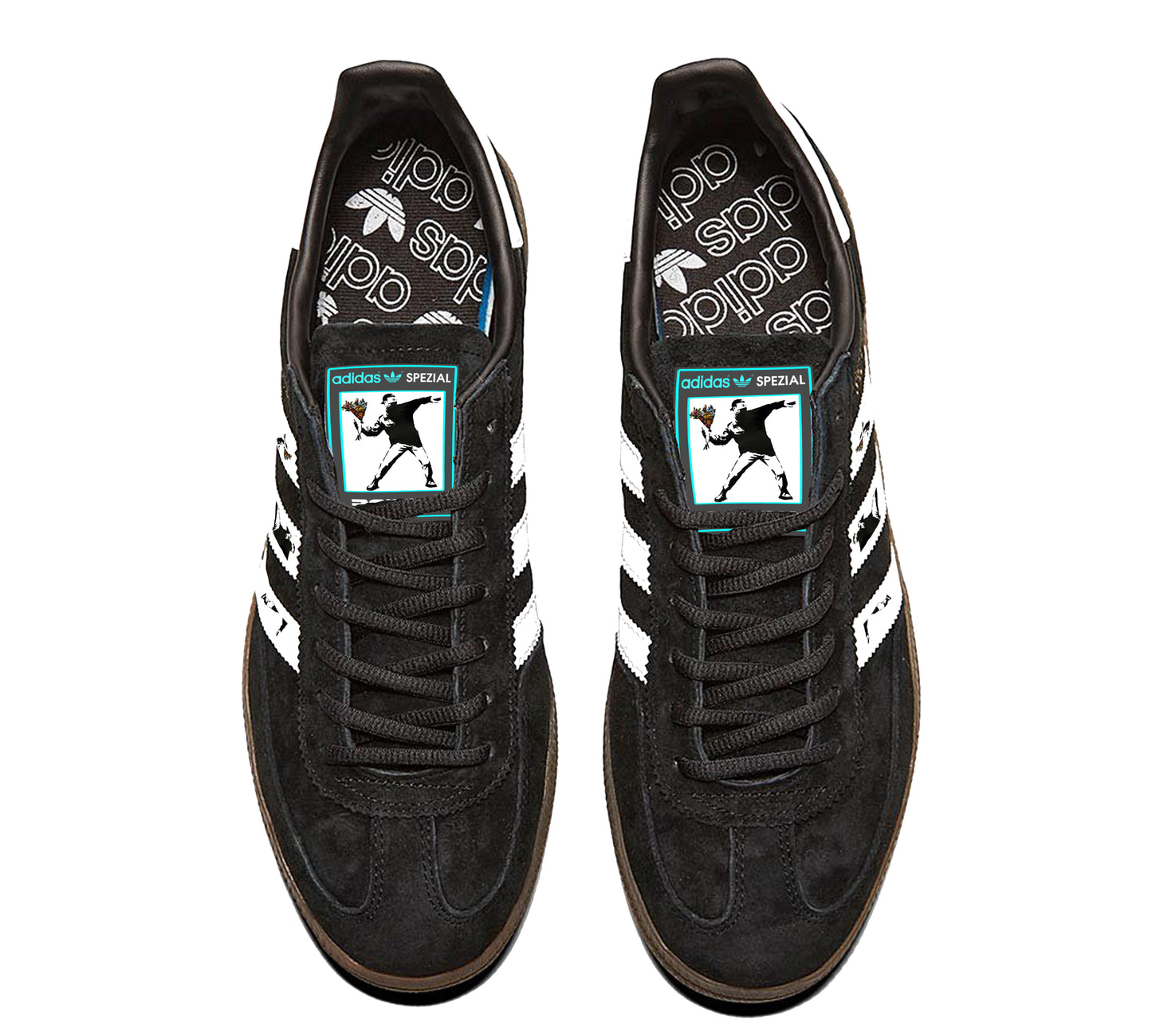 Limited edition Banksy Flower Thrower black/ white/ turquoise Adidas custom Handball Spezial trainers / sneakers