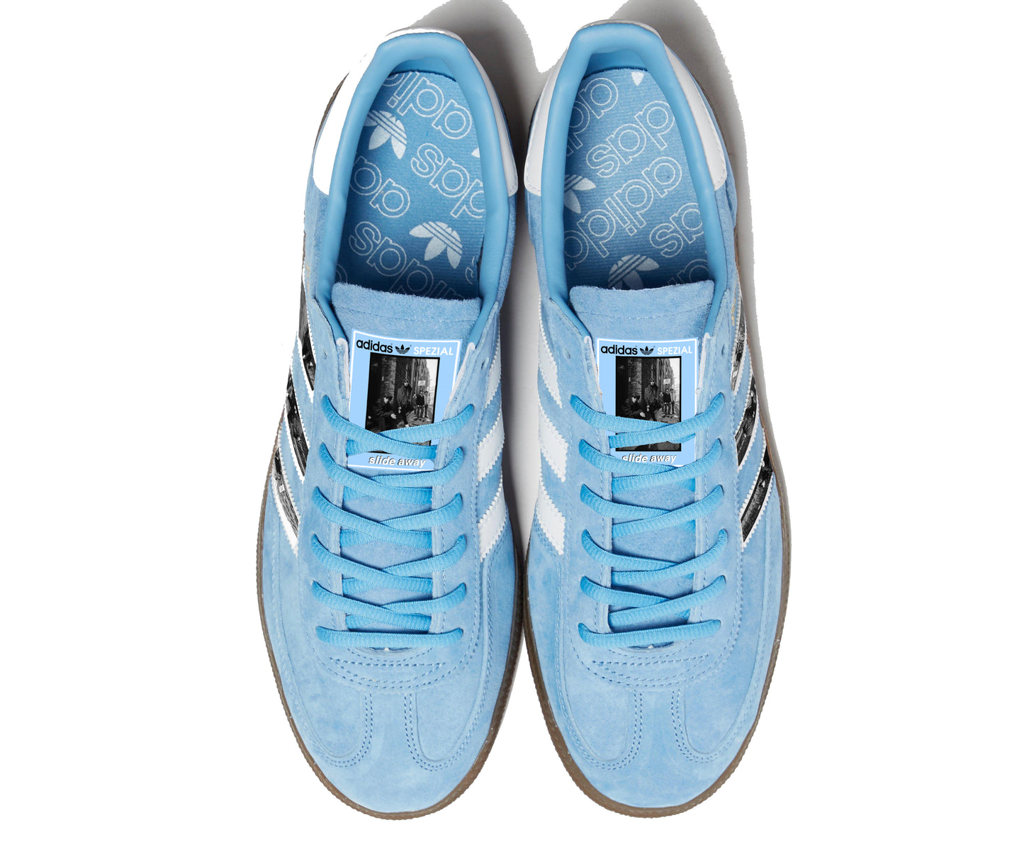 Limited edition Oasis Slide Away inspired blue /white Adidas custom Handball Spezial trainers / sneakers