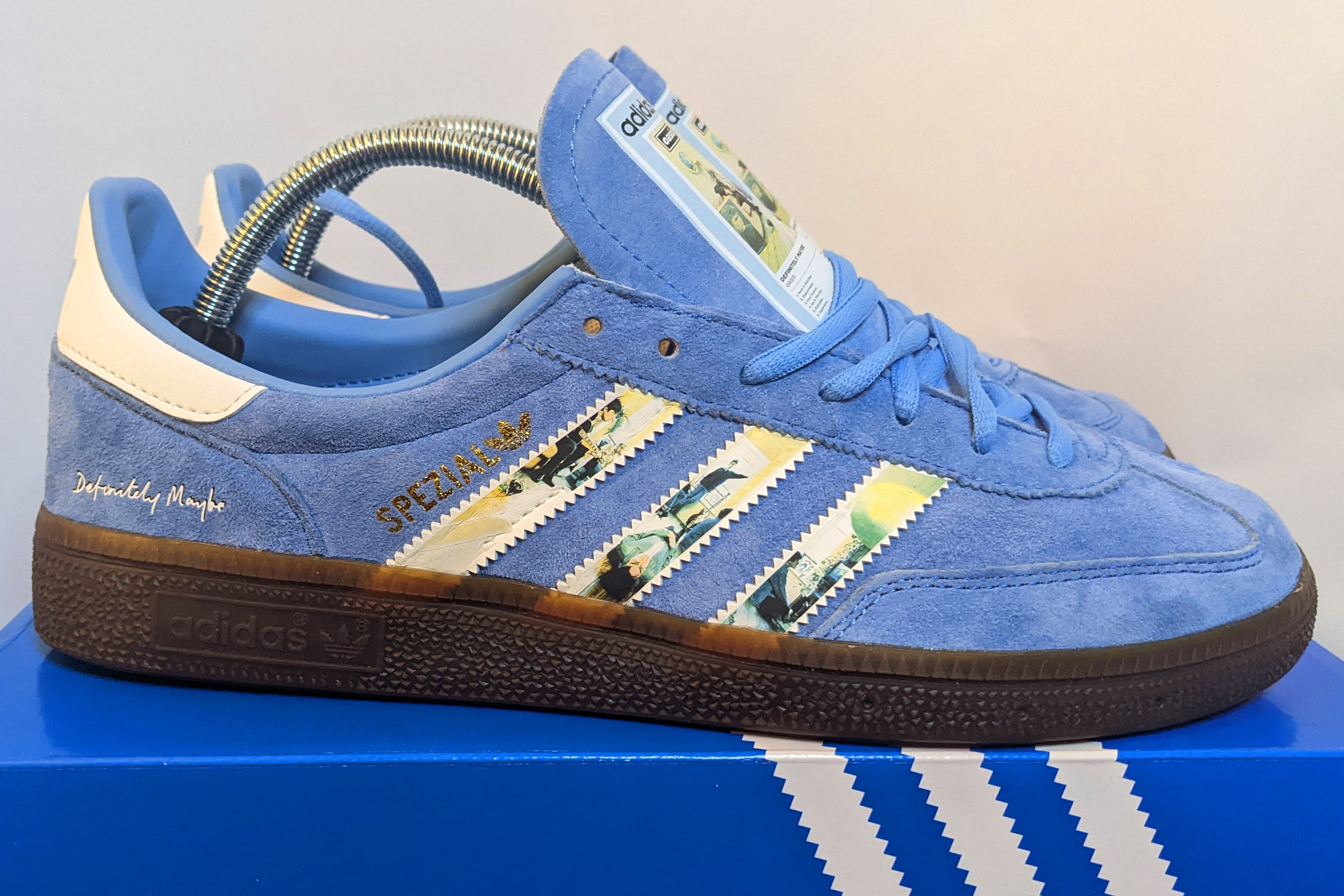 Limited edition Oasis Definitely maybe inspired Light Blue  Adidas custom Handball Spezial trainers / sneakers