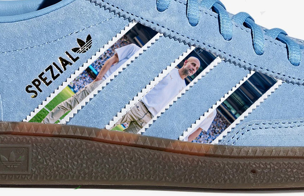 Limited edition Manchester City Pep Guardiola inspired light blue/ white Adidas custom Handball Spezial trainers / sneakers