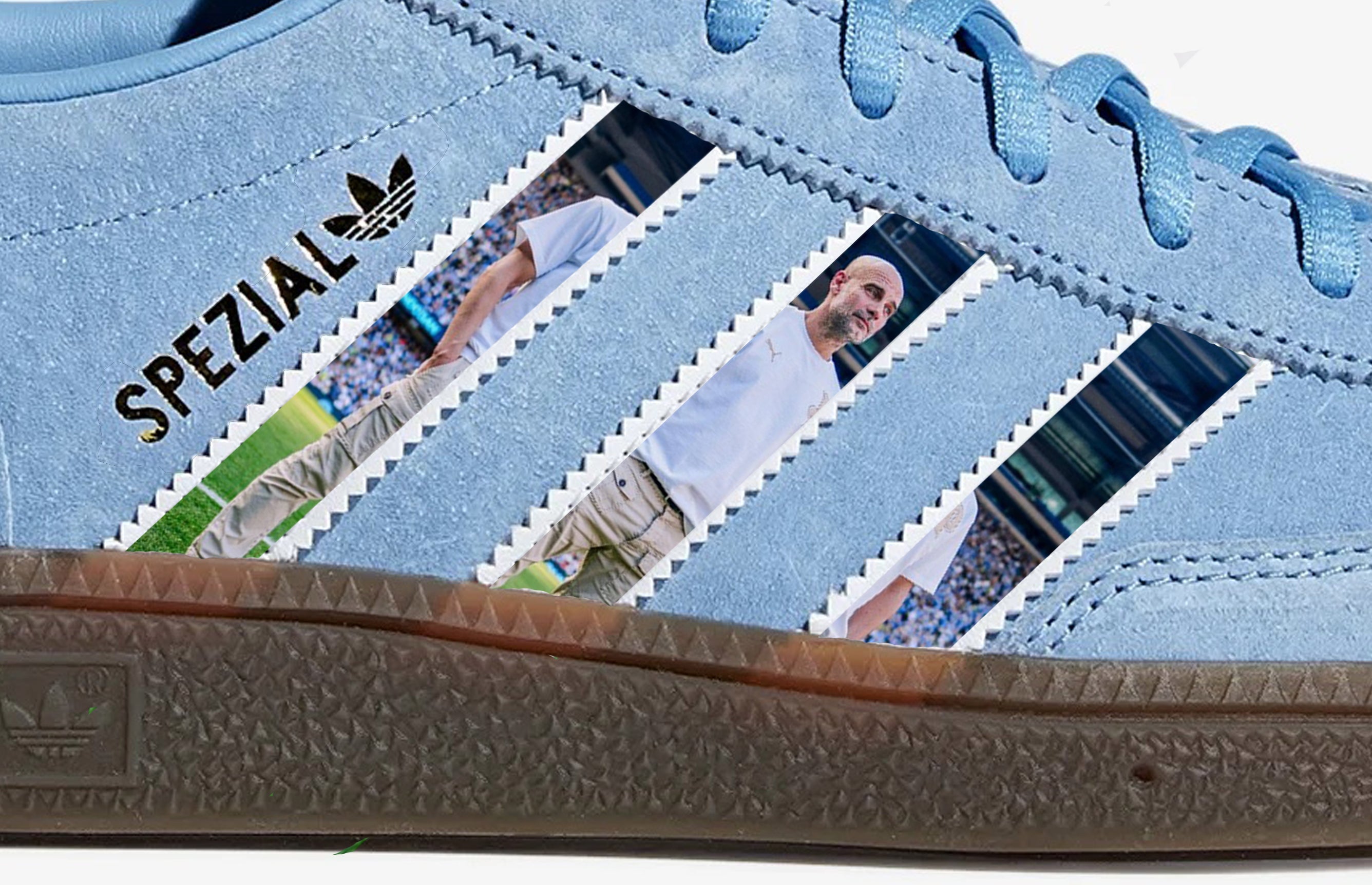 Limited edition Manchester City Pep Guardiola inspired light blue/ white Adidas custom Handball Spezial trainers / sneakers