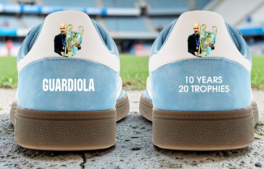 Limited edition Manchester City Pep Guardiola inspired light blue/ white Adidas custom Handball Spezial trainers / sneakers