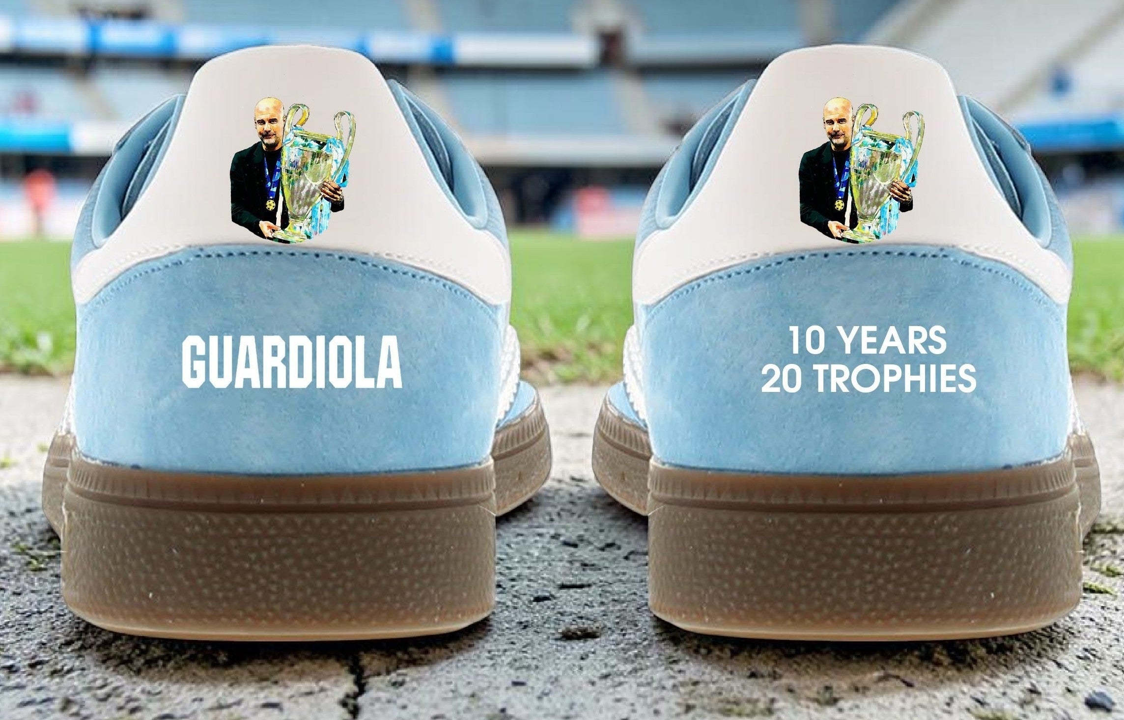 Limited edition Manchester City Pep Guardiola inspired light blue/ white Adidas custom Handball Spezial trainers / sneakers