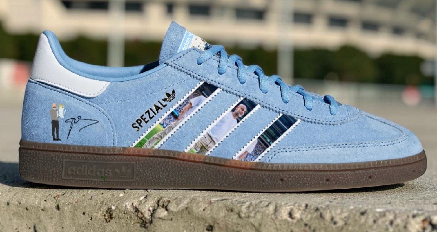 Limited edition Manchester City Pep Guardiola inspired light blue/ white Adidas custom Handball Spezial trainers / sneakers