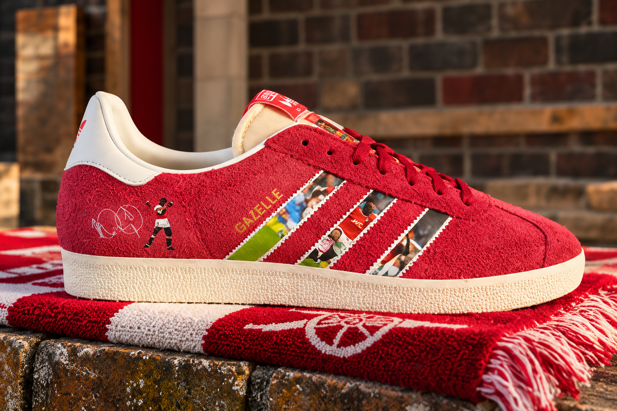 Limited edition Arsenal FC Ian Wright Red / White Adidas custom Gazelle trainers / sneakers