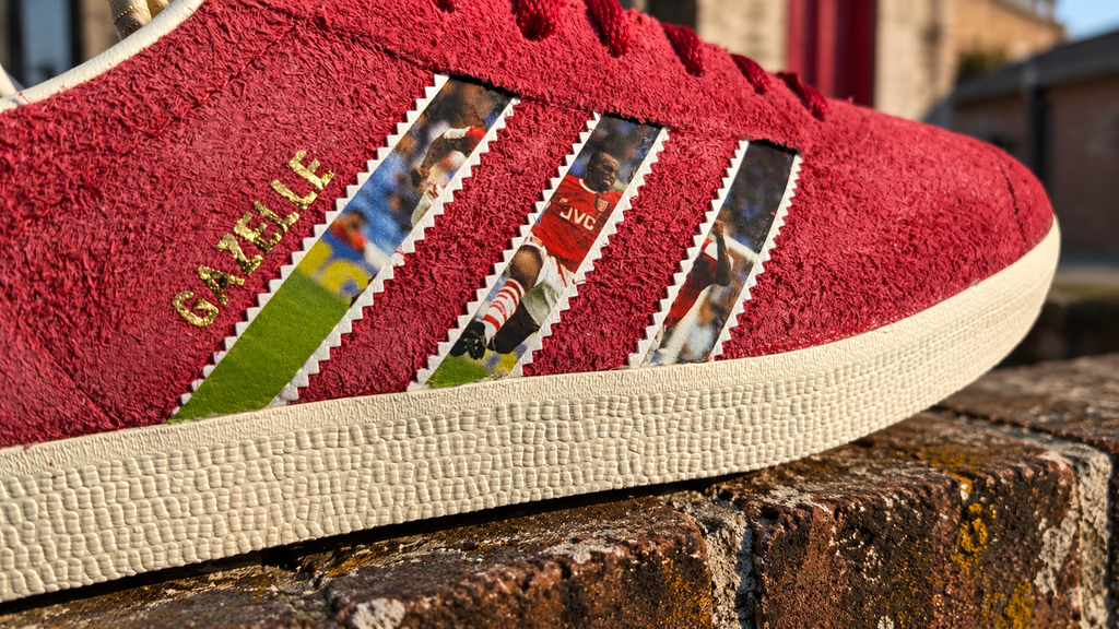 Limited edition Arsenal FC Ian Wright Red / White Adidas custom Gazelle trainers / sneakers