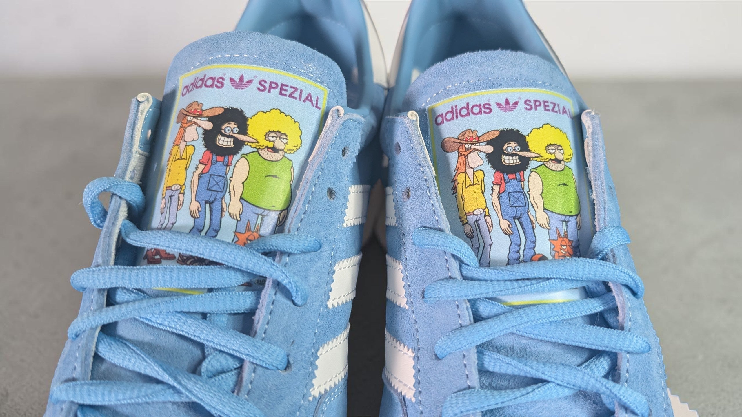 Limited edition The Freak brothers inspired Sky blue / White Adidas custom Handball Spezial trainers / sneakers