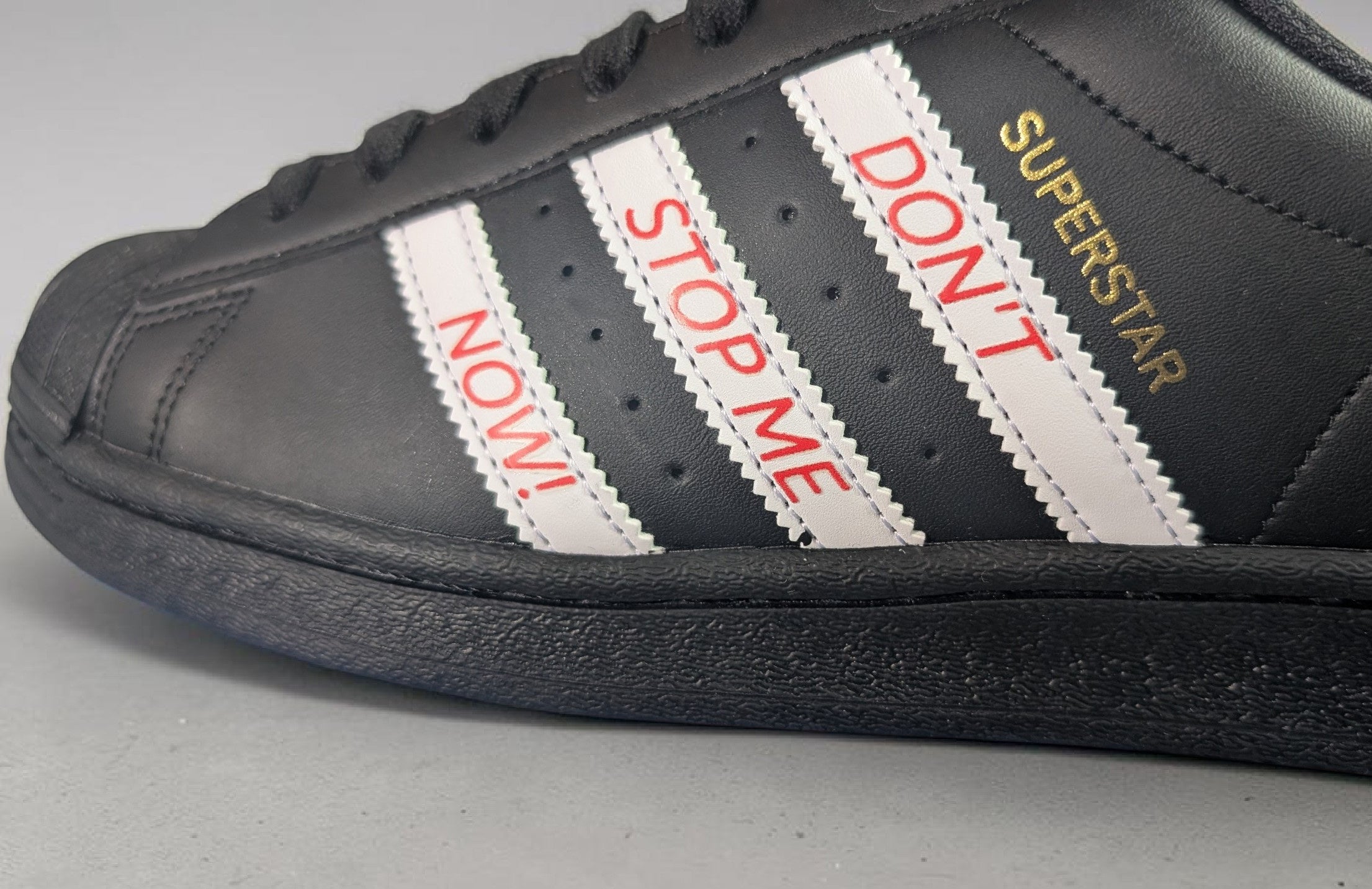 Limited edition Queen - Don`t stop me now black / white Adidas custom Superstar trainers / sneakers