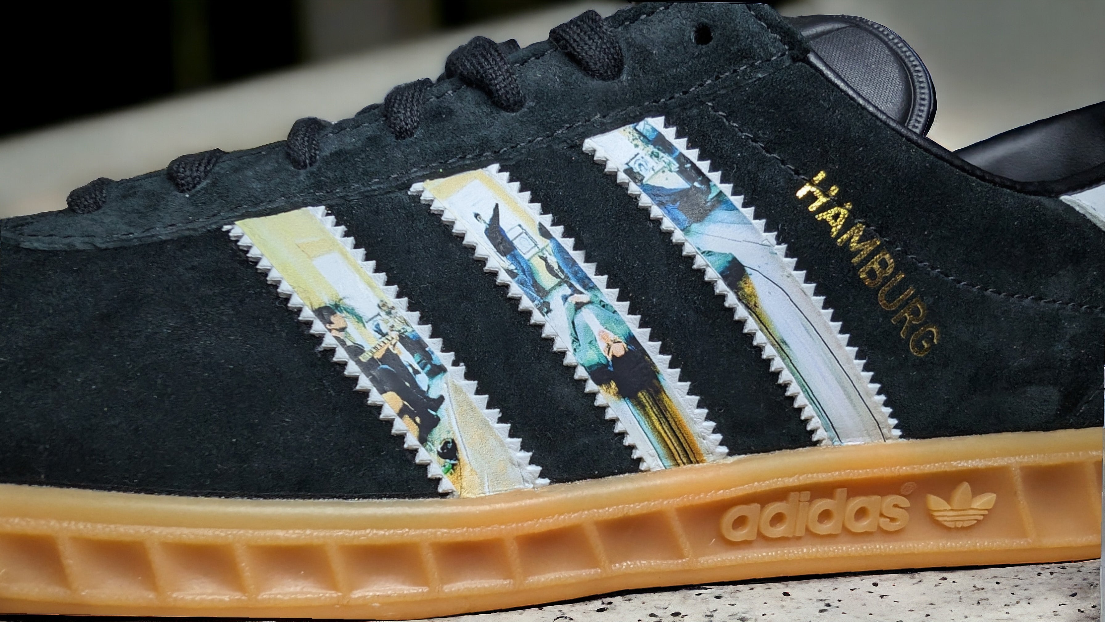 Limited edition Oasis Definitely maybe inspired Black Adidas custom Hamburg trainers / sneakers
