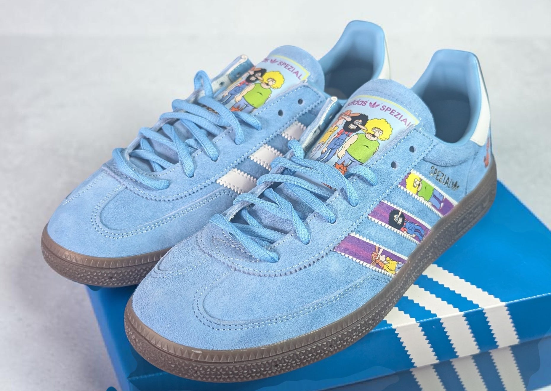 Limited edition The Freak brothers inspired Sky blue / White Adidas custom Handball Spezial trainers / sneakers