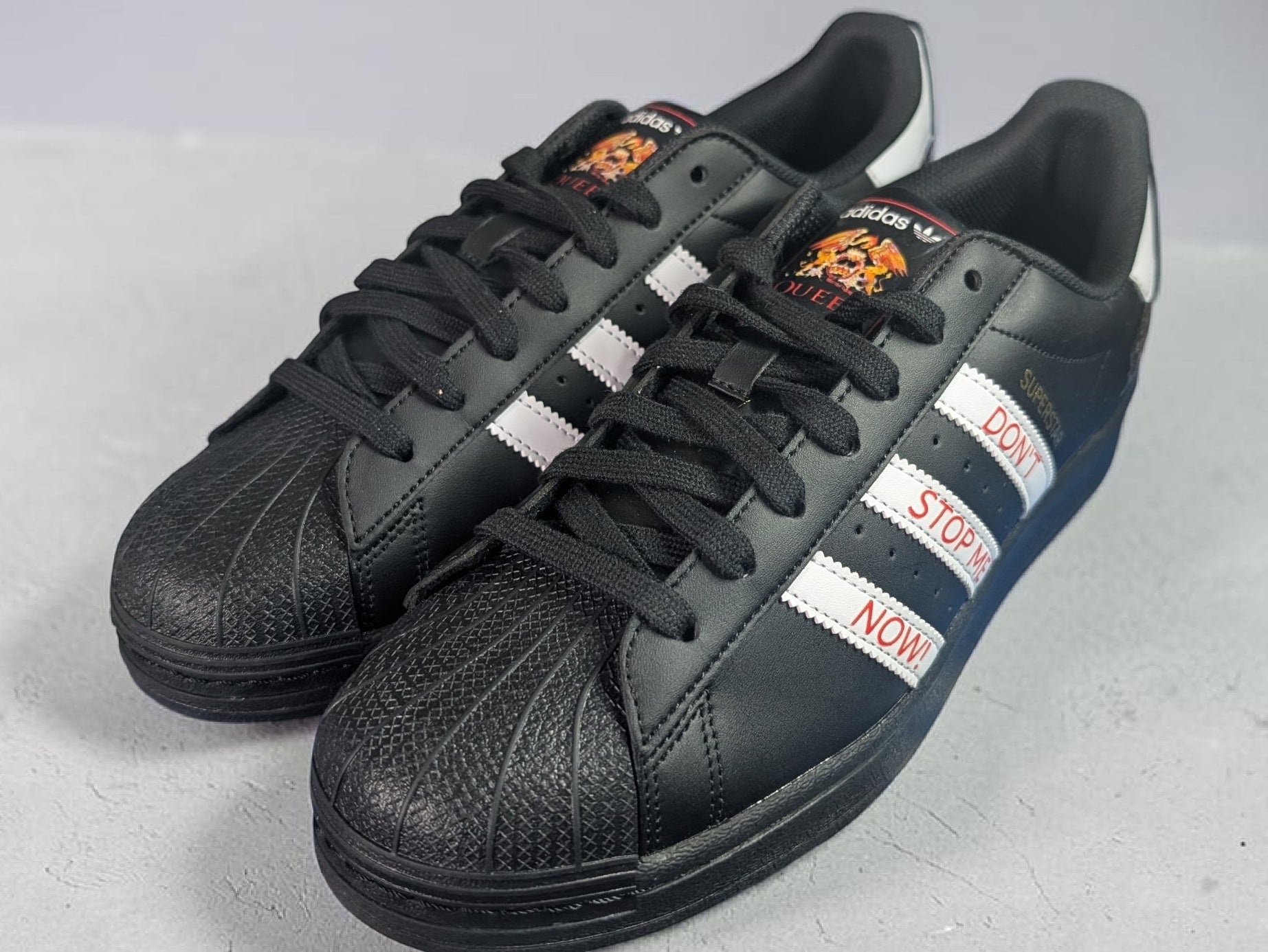 Limited edition Queen - Don`t stop me now black / white Adidas custom Superstar trainers / sneakers