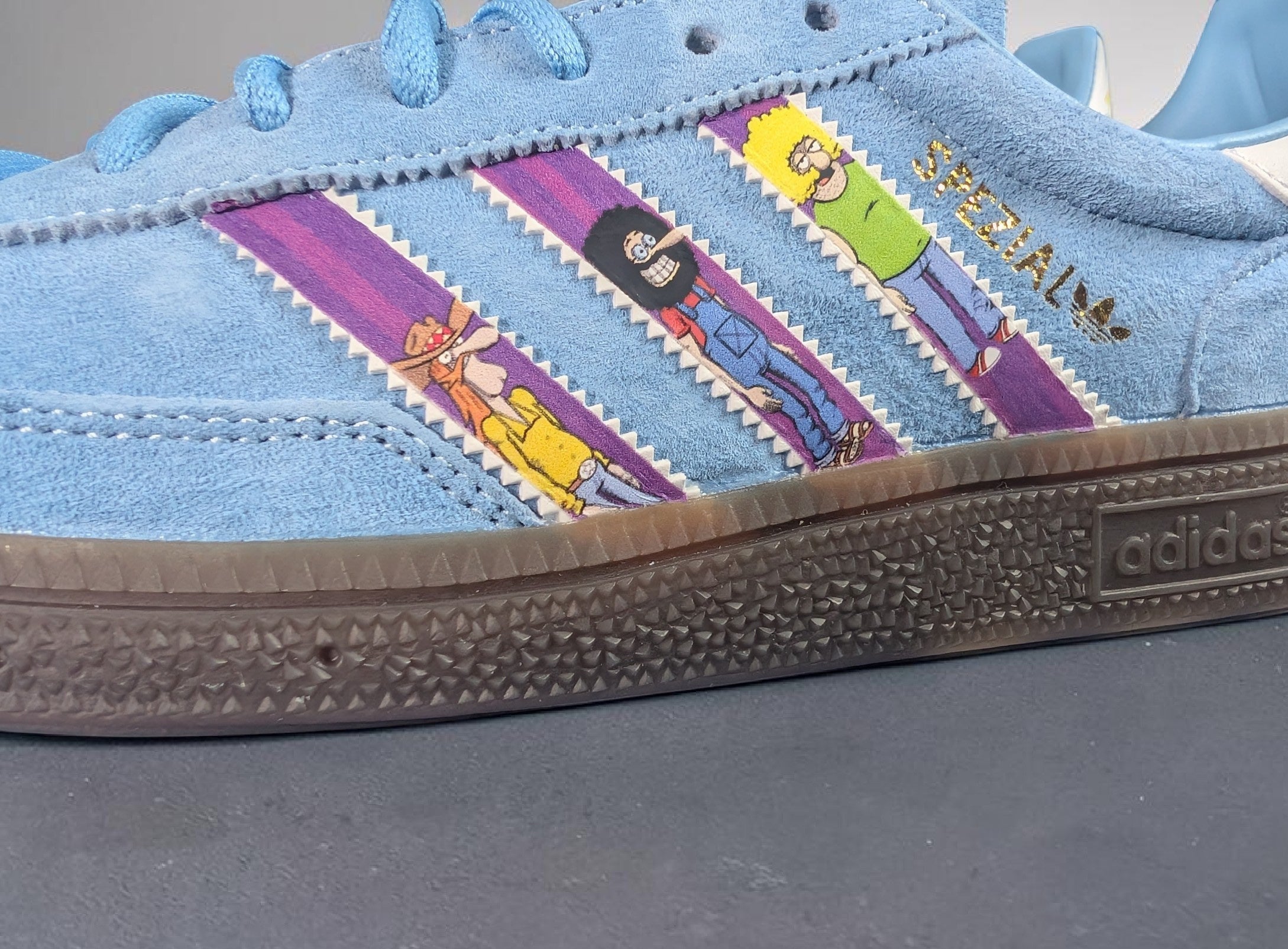 Limited edition The Freak brothers inspired Sky blue / White Adidas custom Handball Spezial trainers / sneakers