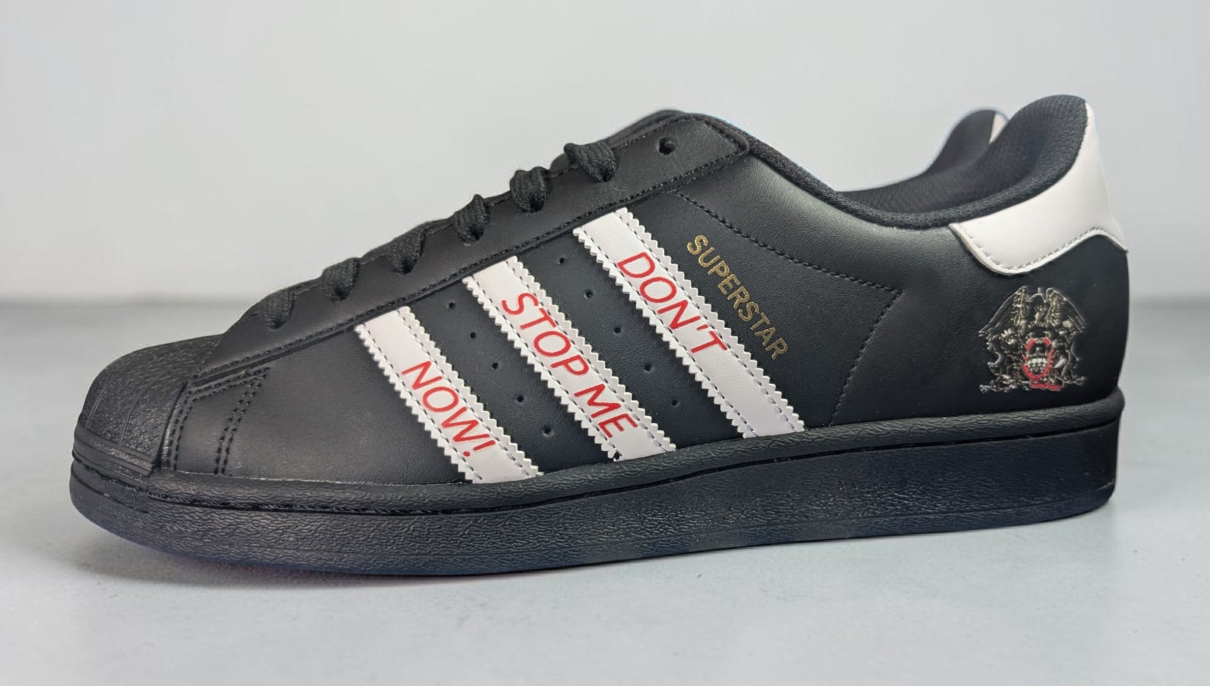 Limited edition Queen - Don`t stop me now black / white Adidas custom Superstar trainers / sneakers