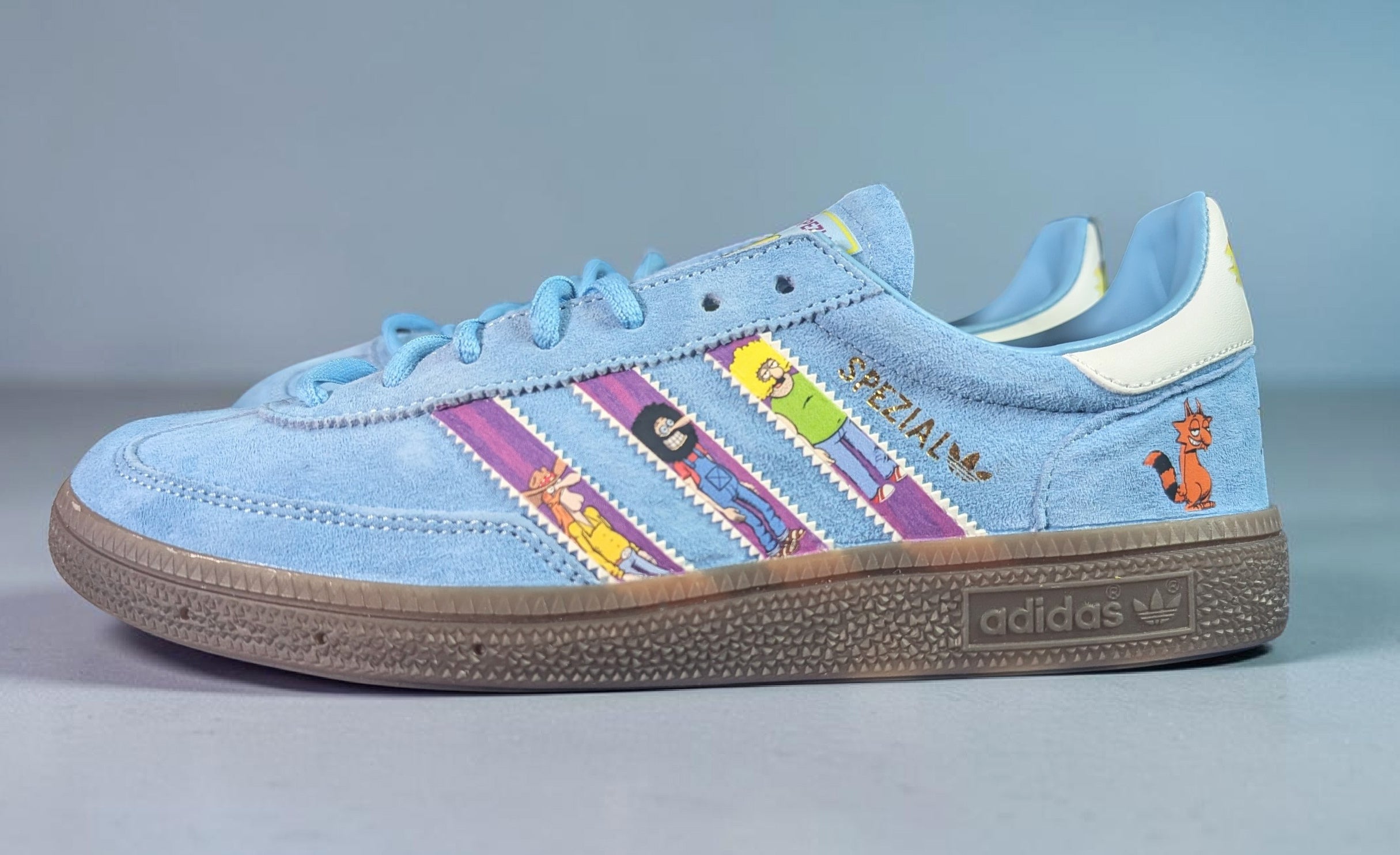 Limited edition The Freak brothers inspired Sky blue / White Adidas custom Handball Spezial trainers / sneakers