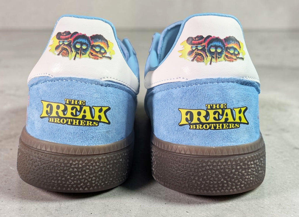 Limited edition The Freak brothers inspired Sky blue / White Adidas custom Handball Spezial trainers / sneakers