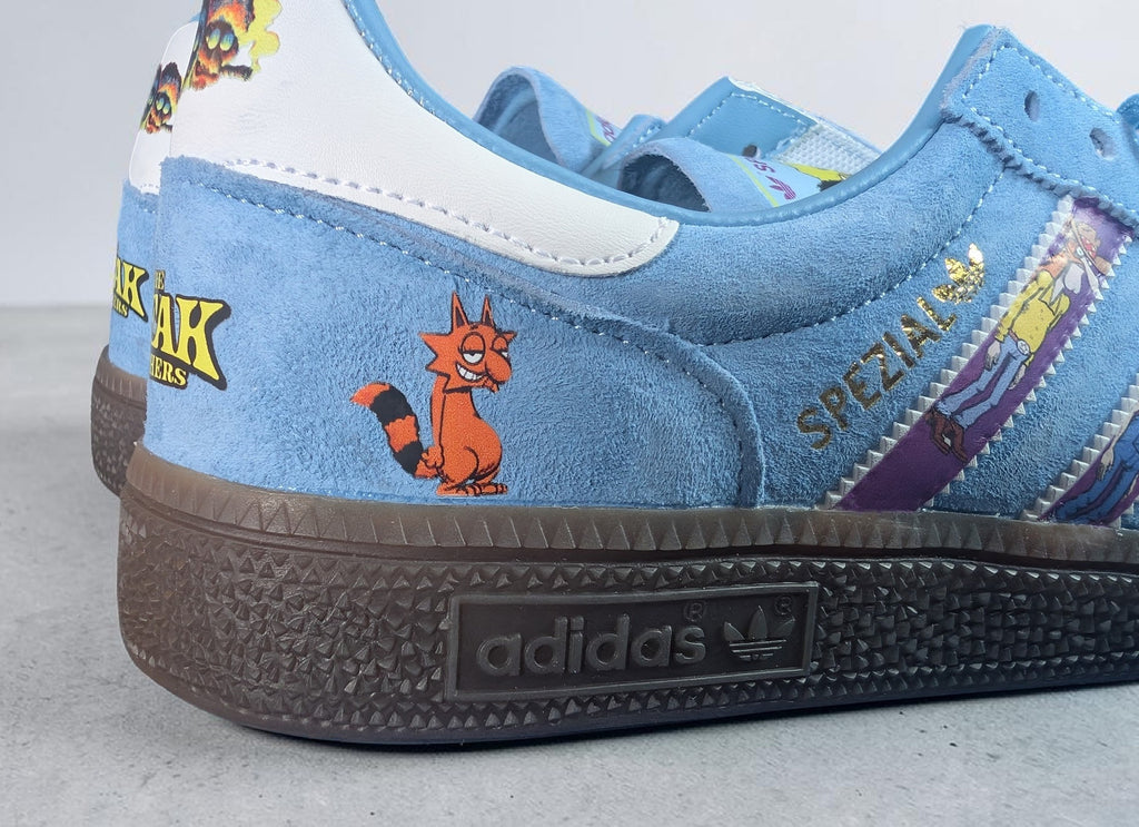 Limited edition The Freak brothers inspired Sky blue / White Adidas custom Handball Spezial trainers / sneakers
