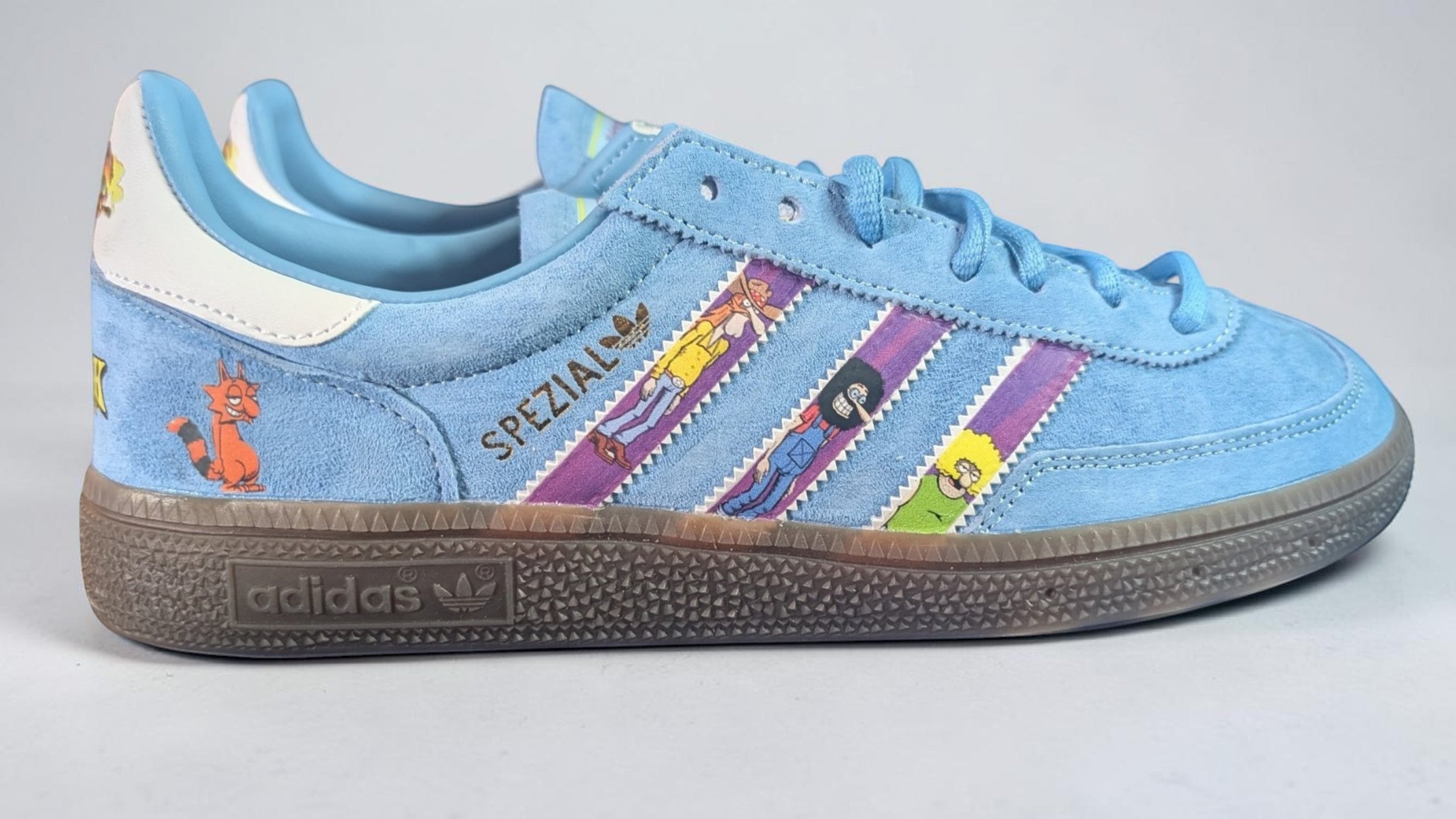 Limited edition The Freak brothers inspired Sky blue / White Adidas custom Handball Spezial trainers / sneakers