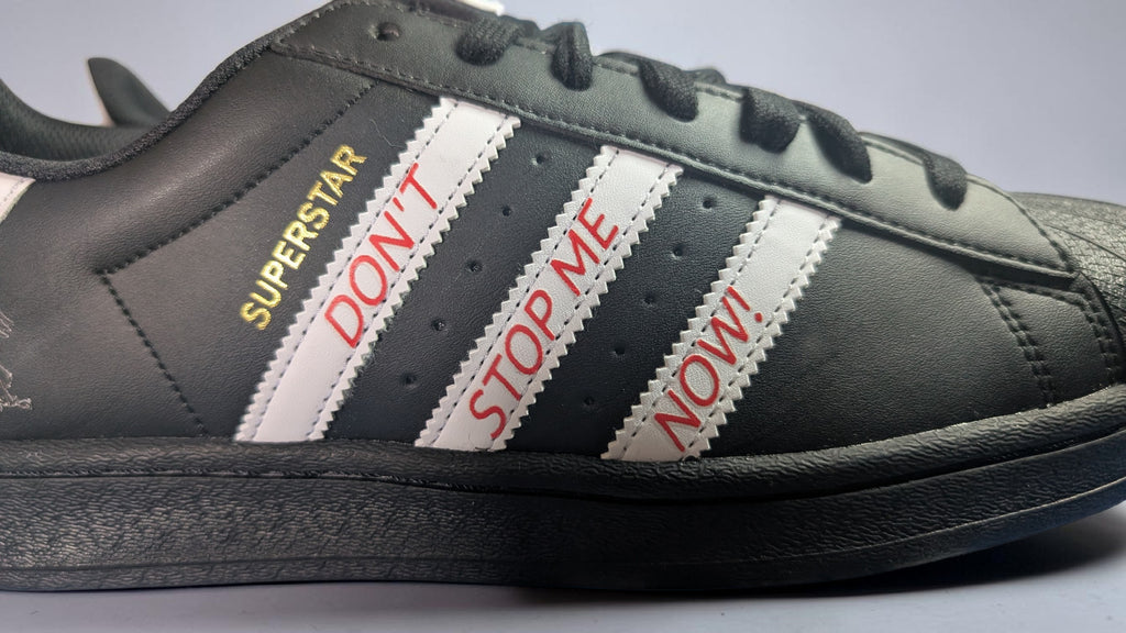 Limited edition Queen - Don`t stop me now black / white Adidas custom Superstar trainers / sneakers