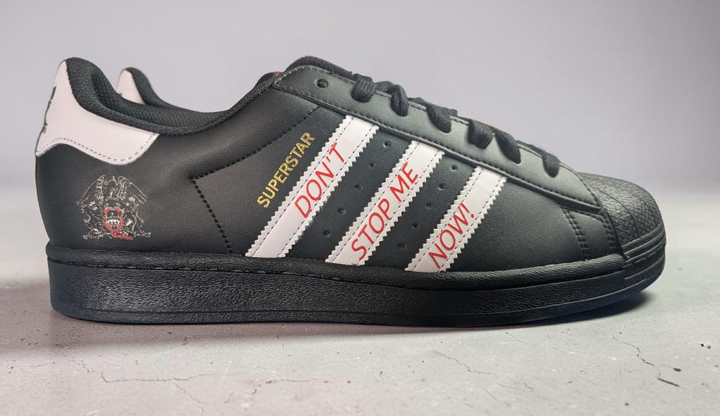 Limited edition Queen - Don`t stop me now black / white Adidas custom Superstar trainers / sneakers